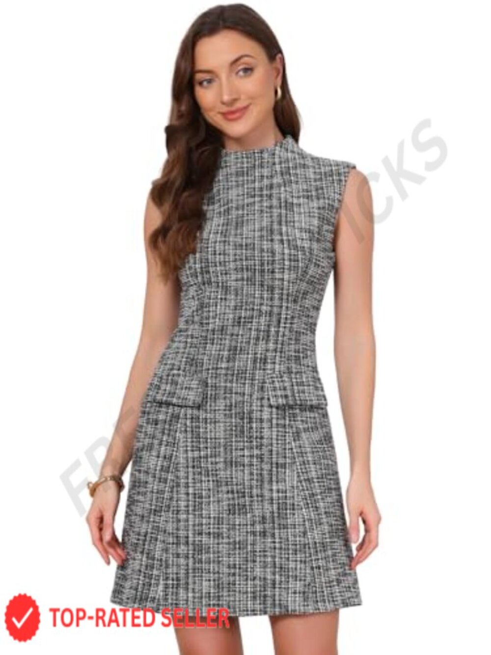 Tweed Mock Neck Sheath Dress Sleeveless Knee Length Work Business